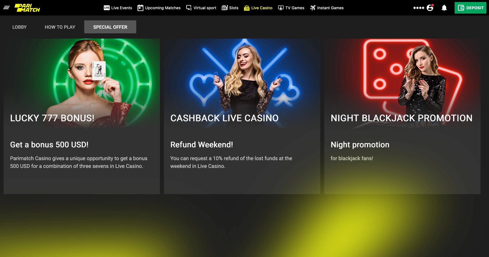 The Live Casino Bonuses page contains a list of current Parimatch bonuses