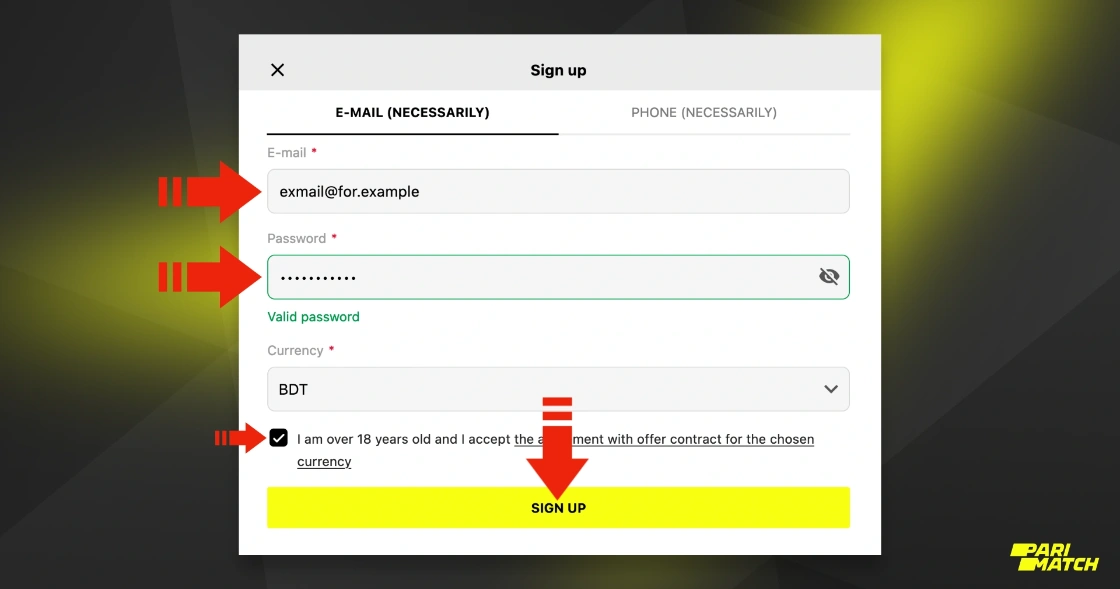 There are several options for users to choose from when registering with Parimatch Bangladesh