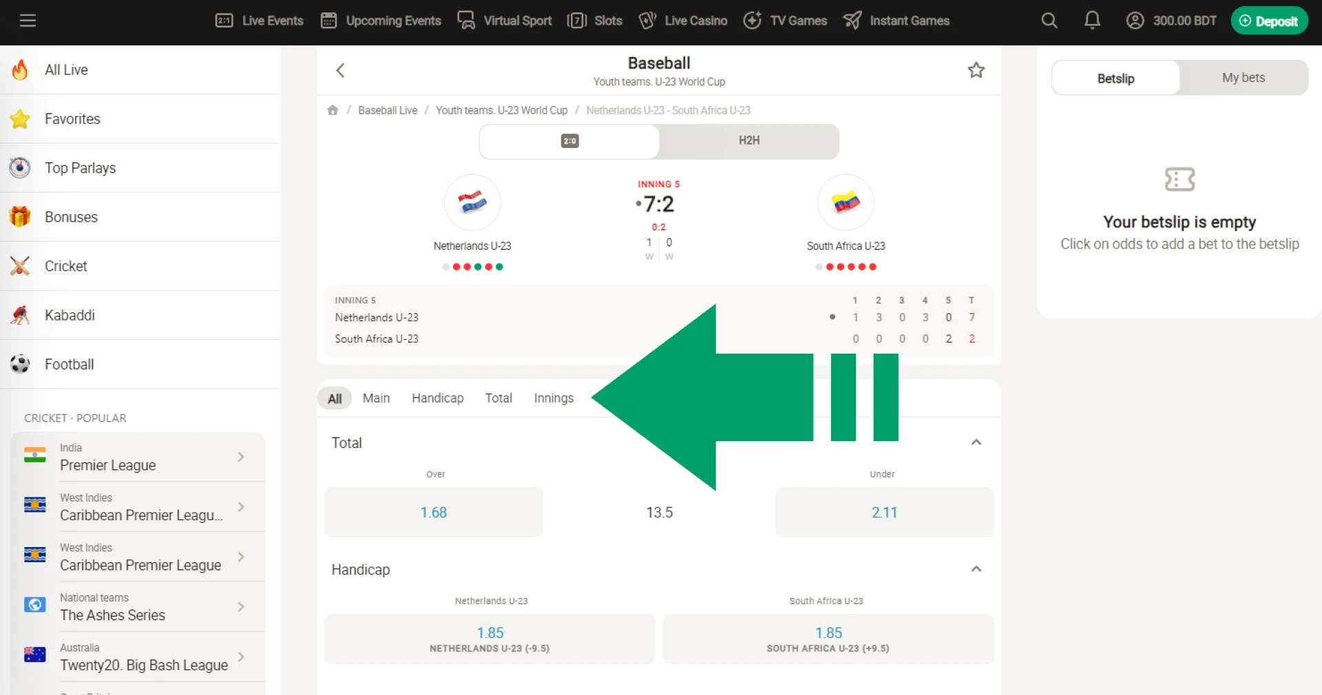 Parimatch bookmaker allows players from Bangladesh to bet on numerous intra-match events in baseball matches