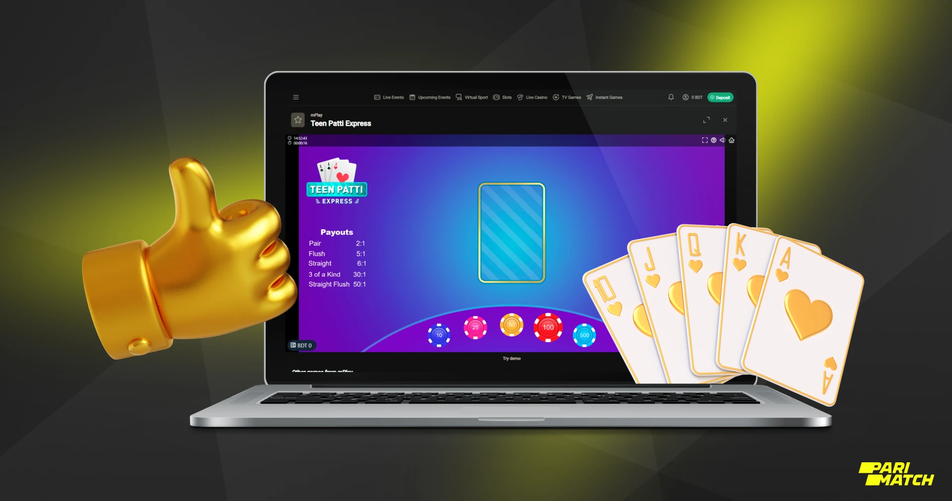 Teen Patti Express from mPlay is highly regarded for its fast gameplay and the possibility of big wins, which is why this game is so popular among Parimatch players from Bangladesh