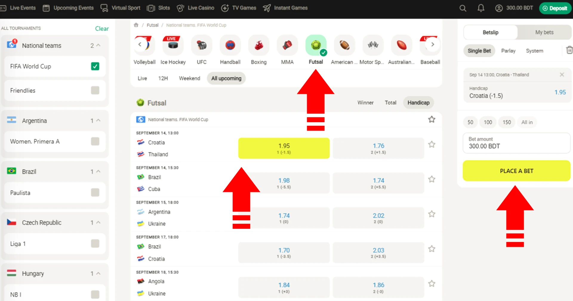 Betting on futsal at Parimatch Bangladesh is quick and easy - log in to your account, fund your account and select a suitable match