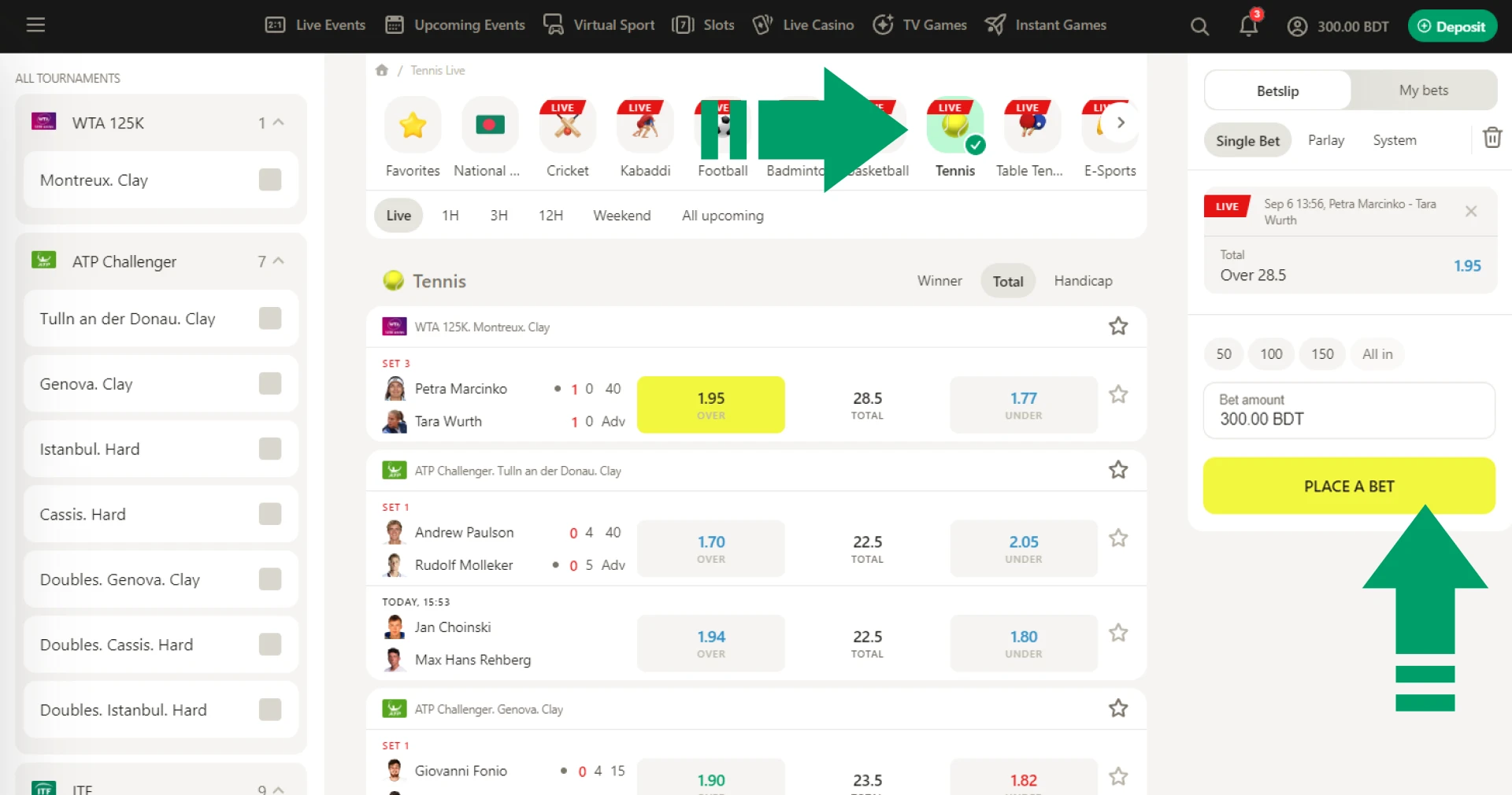 To start betting on tennis live or pre-match on Parimatch website, players from Bangladesh must register, deposit balance and select an event