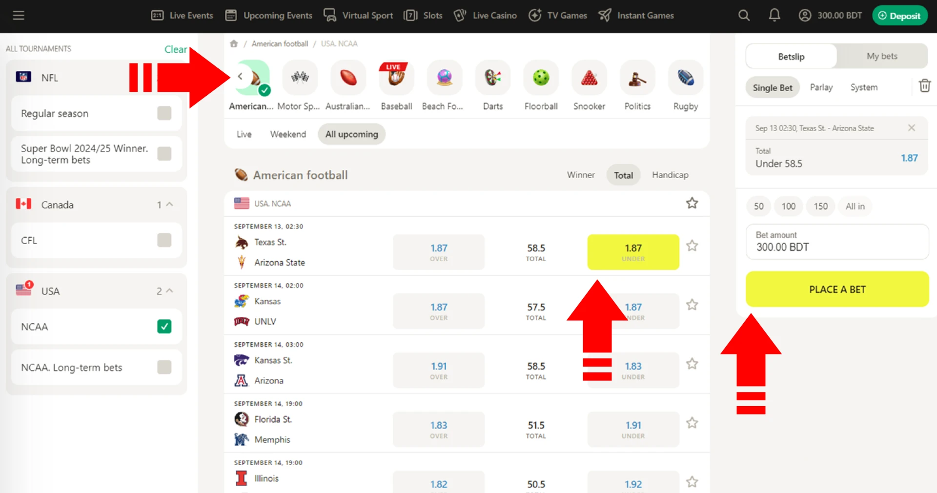 In order to bet on American football at Parimatch, players from Bangladesh first need to create an account on the site and top up their balance