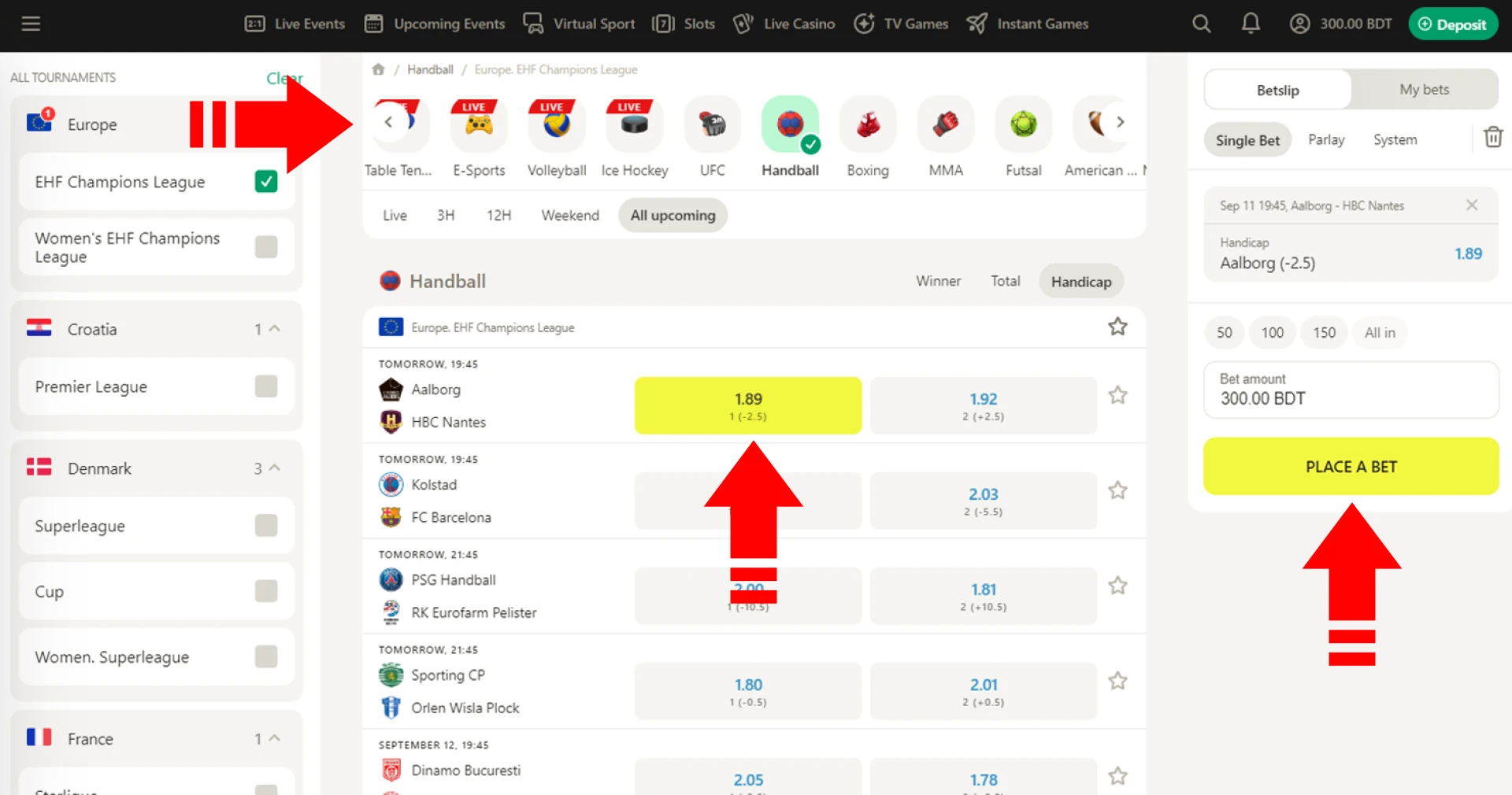 The process of online handball betting is simple for any user from Bangladesh over the age of 18: register for Parimatch, deposit your balance and select a betting market