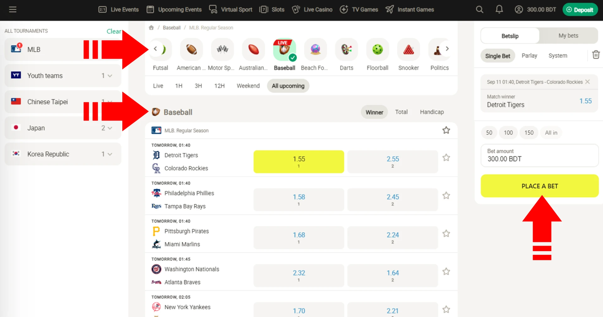 In order to bet on baseball at Parimatch, players from Bangladesh first need to create an account on the site and fund their balance