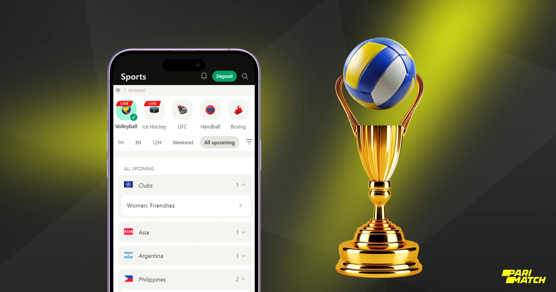 For the convenience of users from Bangladesh, online volleyball tournaments on Parimatch are sorted into categories