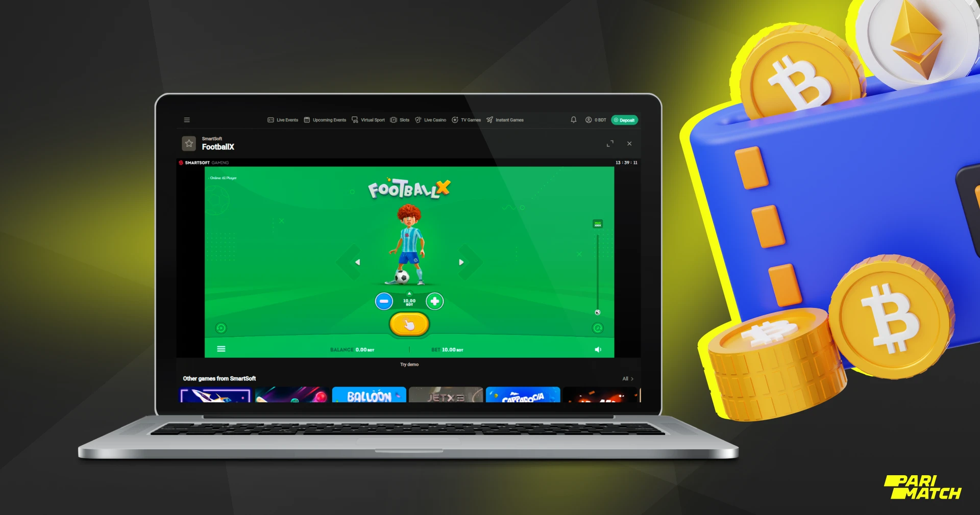 For the convenience of users from Bangladesh, a large number of popular payment systems, both fiat and cryptocurrency, have been added to Parimatch FootballX