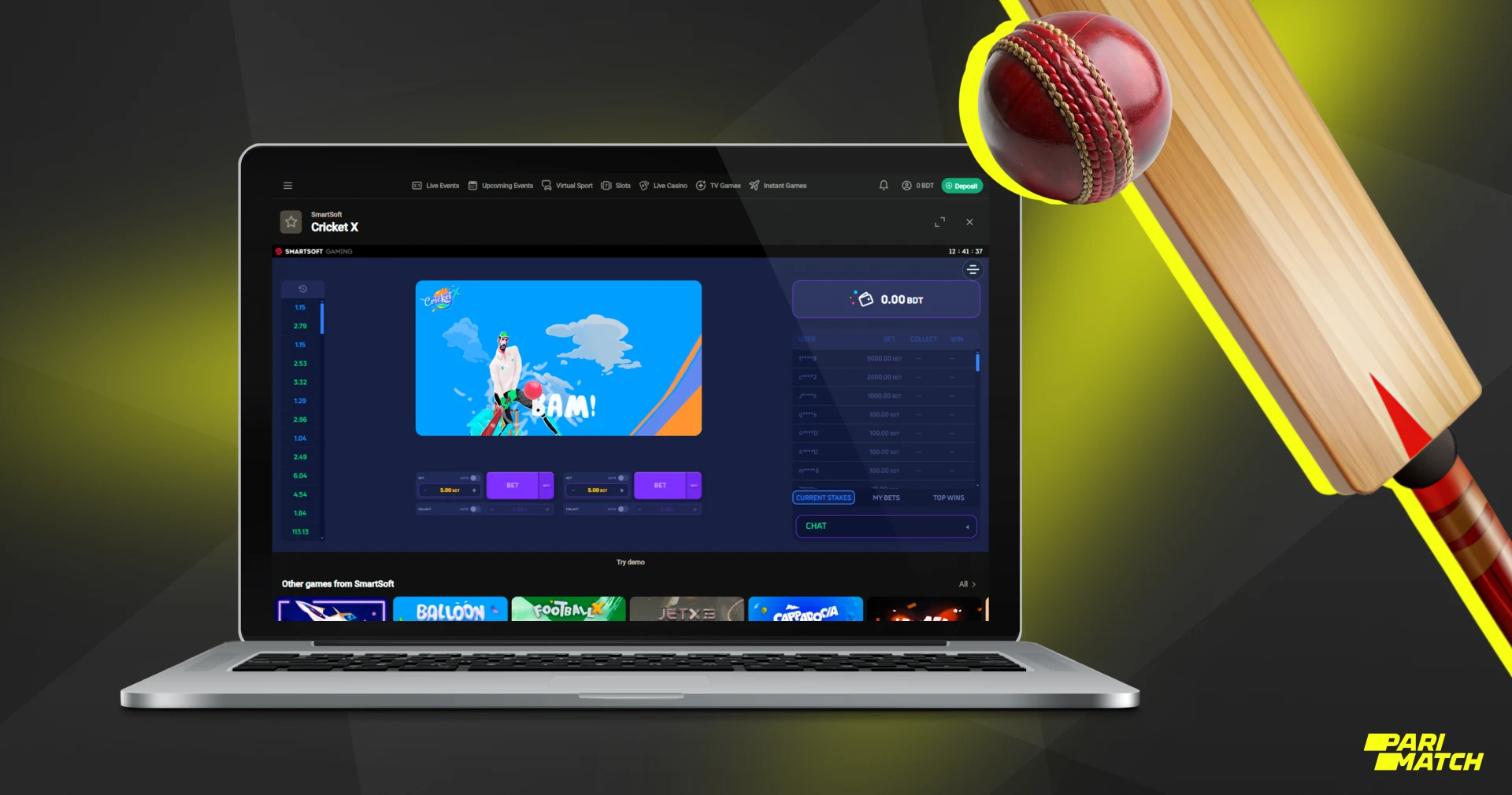 Cricket X by Smartsoft Gaming is highly regarded by Parimatch players from Bangladesh for its dynamic gameplay and the player's ability to influence the outcome of the game