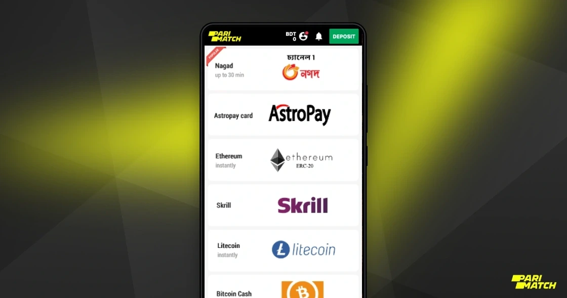 The same payment methods as on the website are available on Parimatch's mobile app